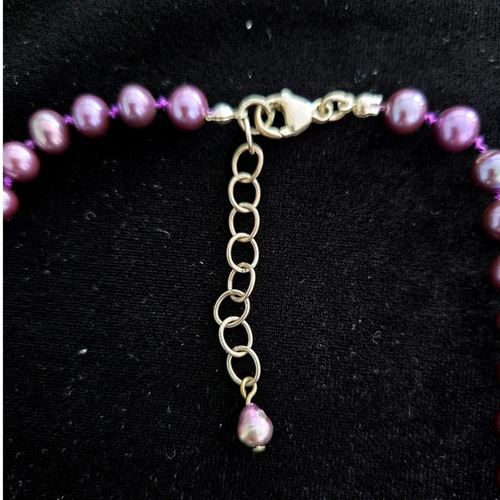 VTG Purple Peacock‎ Cultured Pearl Necklace 925 Sterling Silver Hand Knotted 18